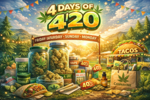 4/20 cannabis event scene with jars of weed, pre-rolls, vapes, tacos, and discount tags in a sunny outdoor setting with festive decorations and mountains in the background