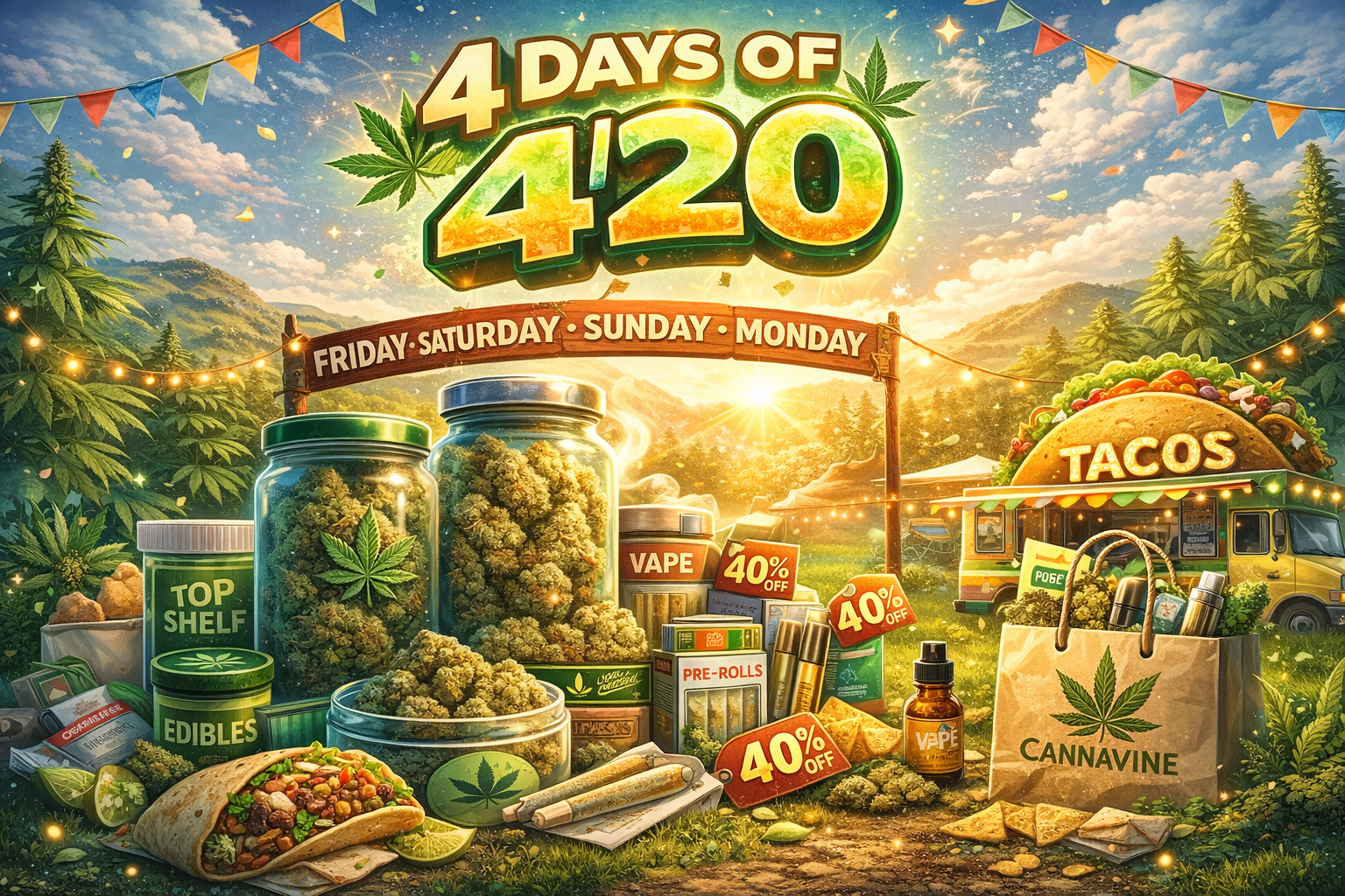 4/20 cannabis event scene with jars of weed, pre-rolls, vapes, tacos, and discount tags in a sunny outdoor setting with festive decorations and mountains in the background